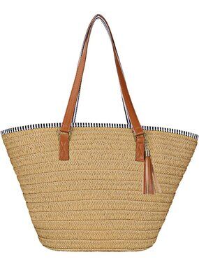 Women's Brown Large Straw Shoulder Bag Beach Tote with Tassel for Summer